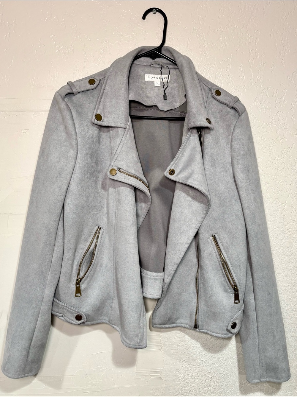 DownEast Light Gray Suede-Look Moto Jacket